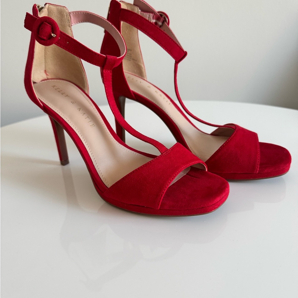 Kelly & Katie Red Suede Ankle-Strap Heels